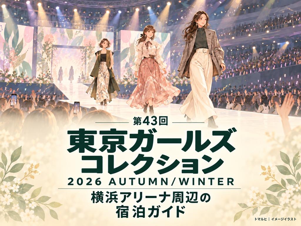 第43回東京ガールズコレクション2026 AUTUMN/WINTER 横浜アリーナ周辺の宿泊ガイドのイメージイラスト