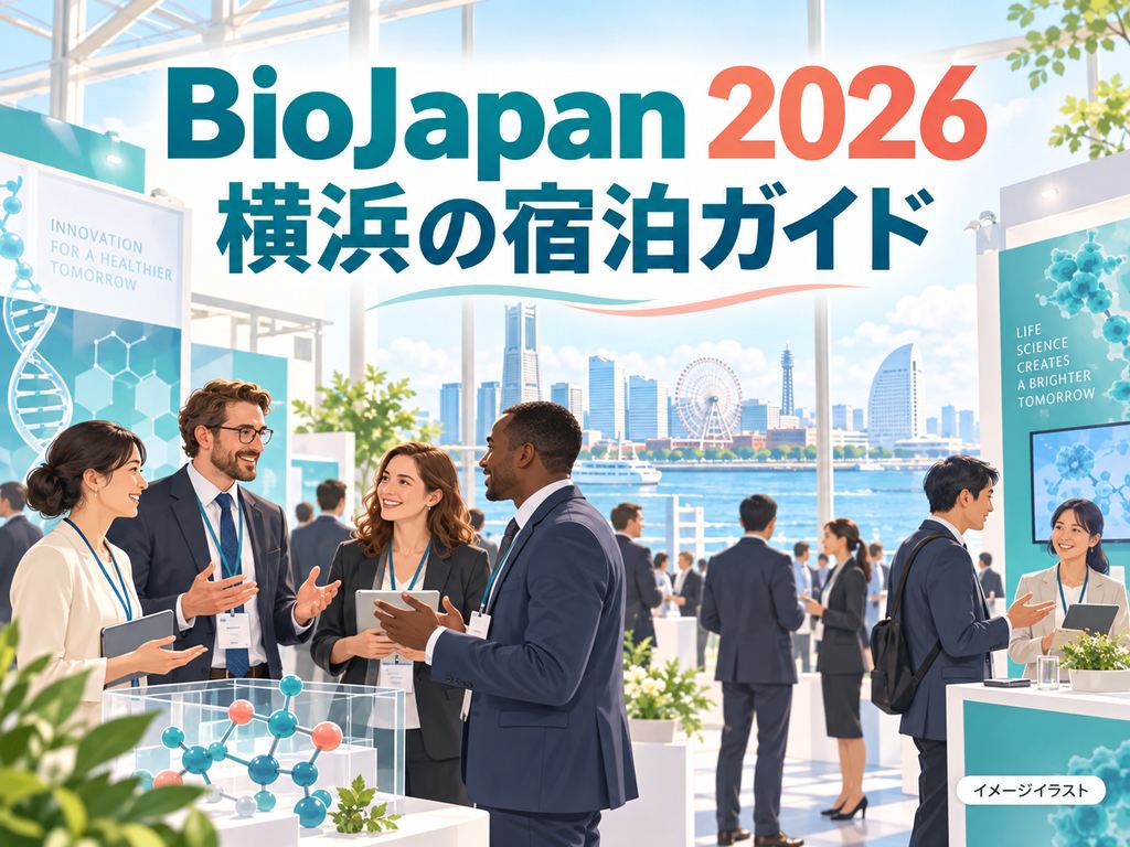 BioJapan 2026の雰囲気を表現したトマルヒの宿泊ガイド用イメージイラスト