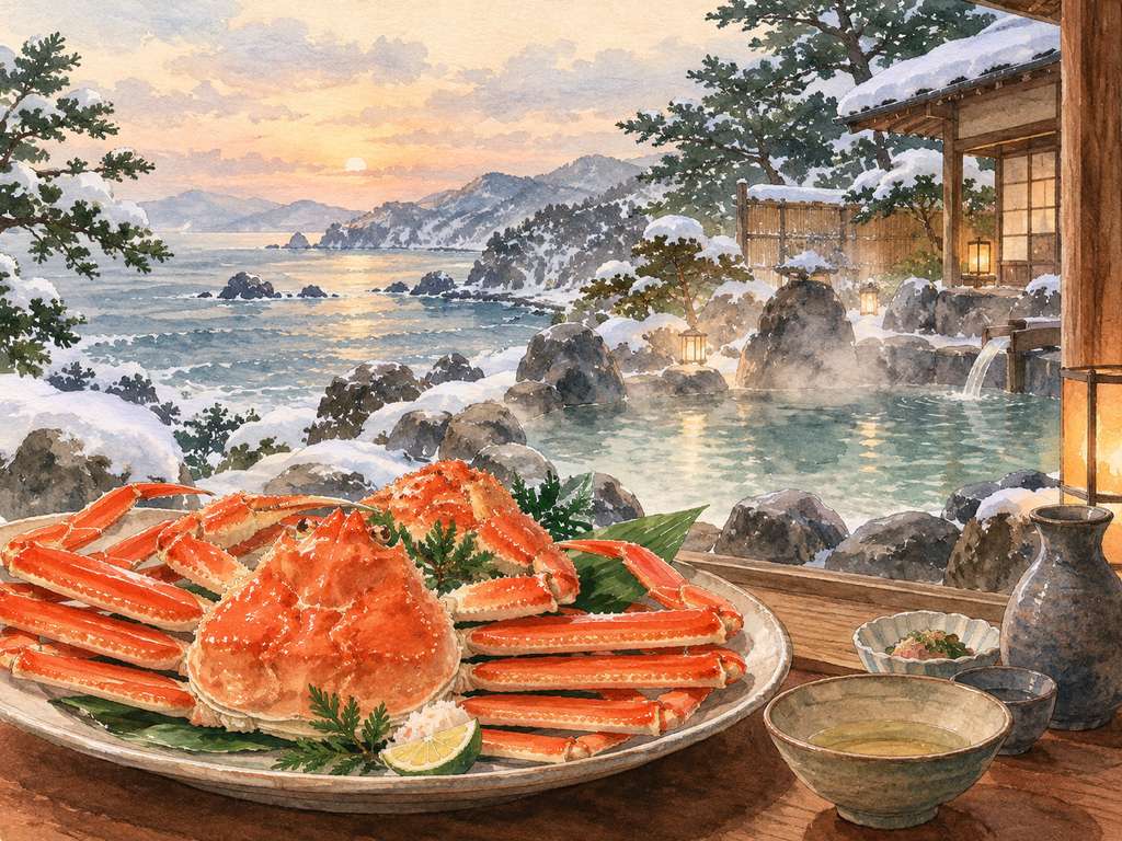 松葉がにと温泉旅行のイメージイラスト